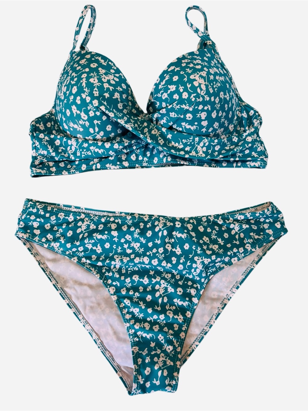 Turquoise Floral Two-Piece Bikini Set with Skirt Coverup Size XL